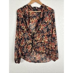 Vici Womens‎ Blouse Small Floral Brown Blue Boho Earth Tones Sheer Office Career